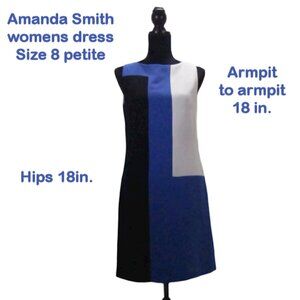 Amanda Smith dress 8 pet Sleeveless blue,black and white block colors fully line